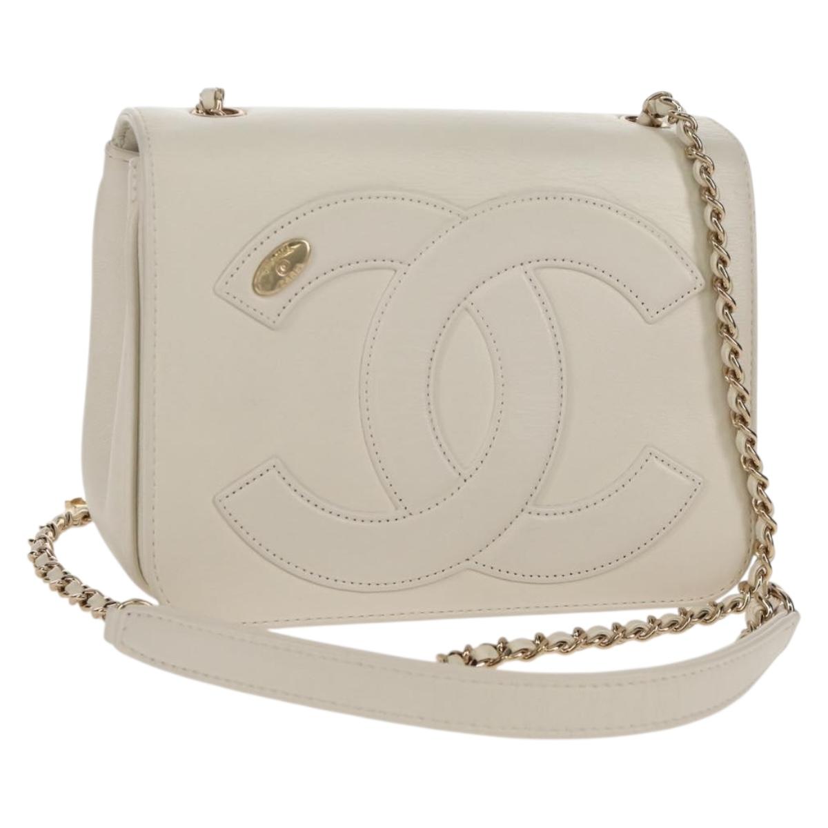 CHANEL COCO Mark Chain Shoulder Bag Lamb Skin White Gold CC Auth 154059V