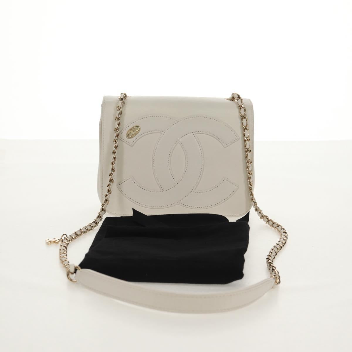 CHANEL COCO Mark Chain Shoulder Bag Lamb Skin White Gold CC Auth 154059V