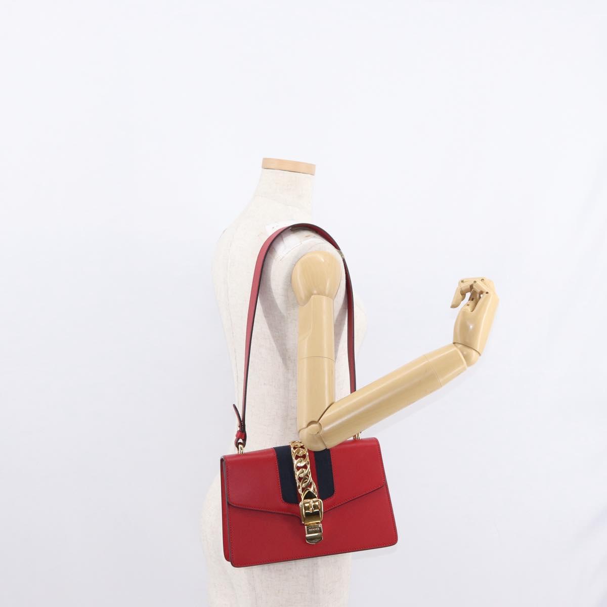 GUCCI Sylvie Sherry Line Shoulder Bag Leather Red Gold Navy 421882 Auth 154071M