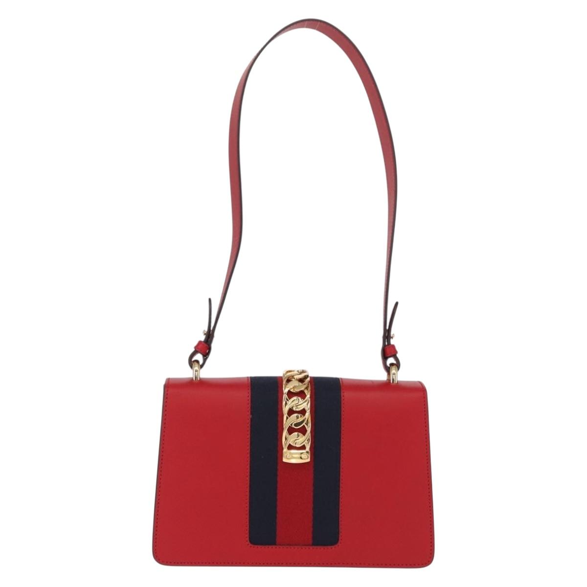 GUCCI Sylvie Sherry Line Shoulder Bag Leather Red Gold Navy 421882 Auth 154071M
