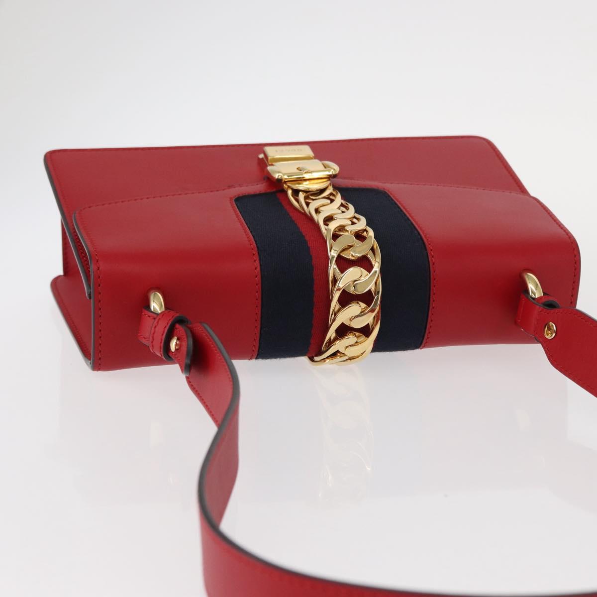 GUCCI Sylvie Sherry Line Shoulder Bag Leather Red Gold Navy 421882 Auth 154071M