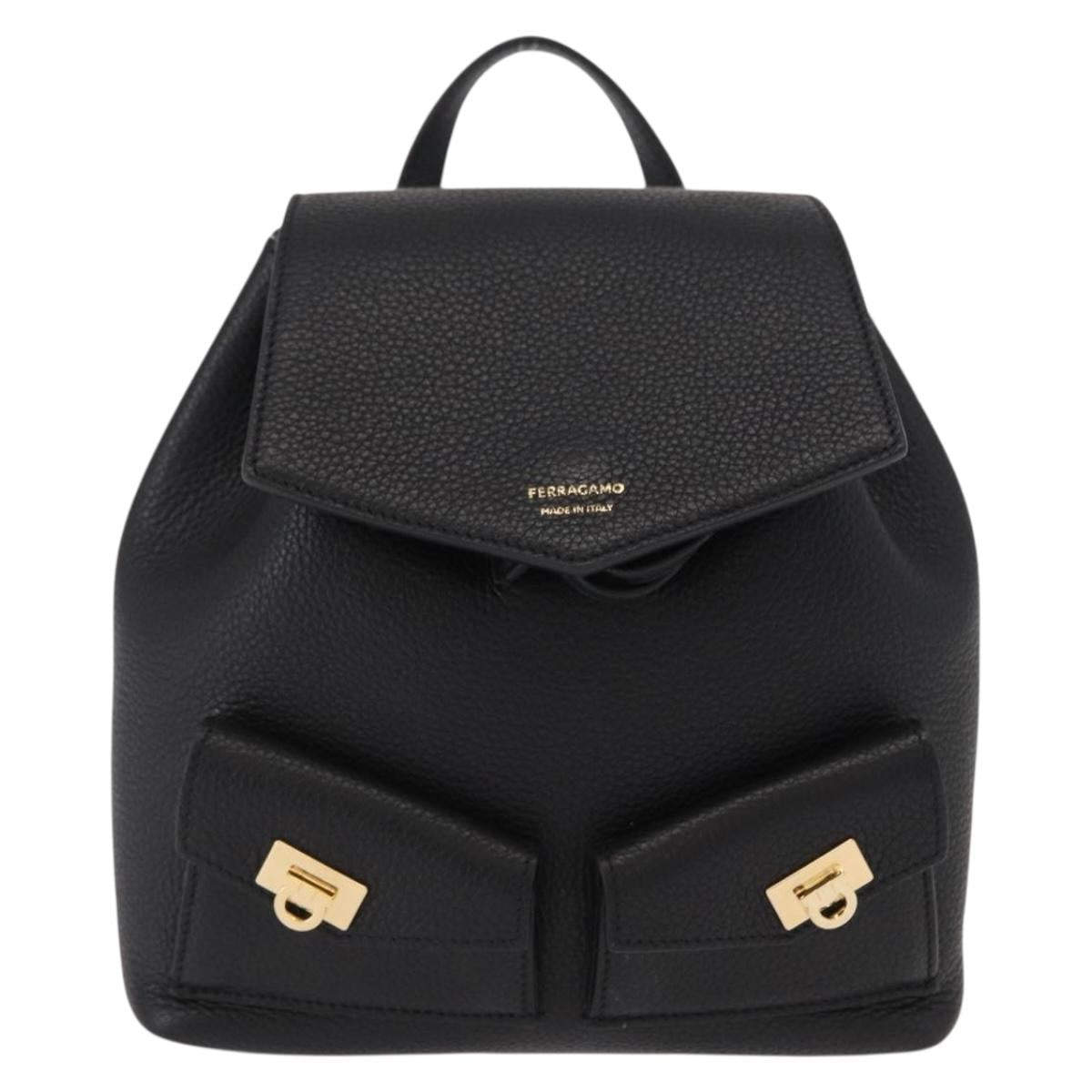 Salvatore Ferragamo Gancini Backpack Leather Black Gold Auth 154075SM