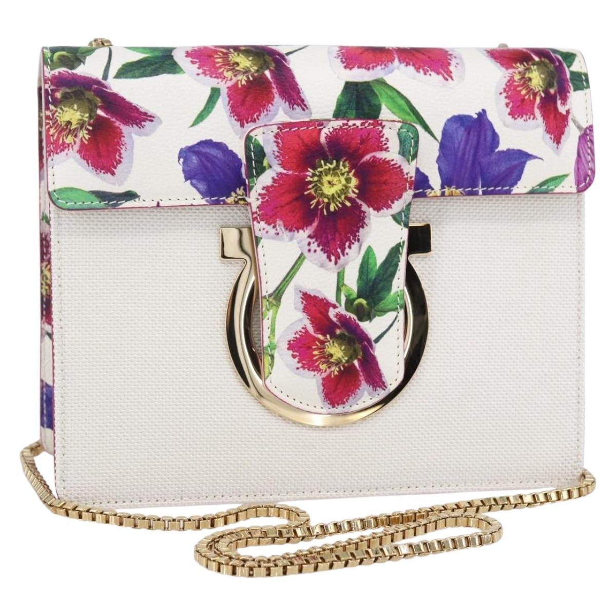 Salvatore Ferragamo Chain Gancini Bag Canvas Multicolor Gold Auth 154076SAM