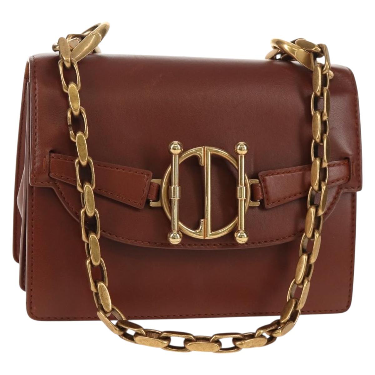 Christian Dior Chain Shoulder Bag Leather Brown Gold Auth 154079V