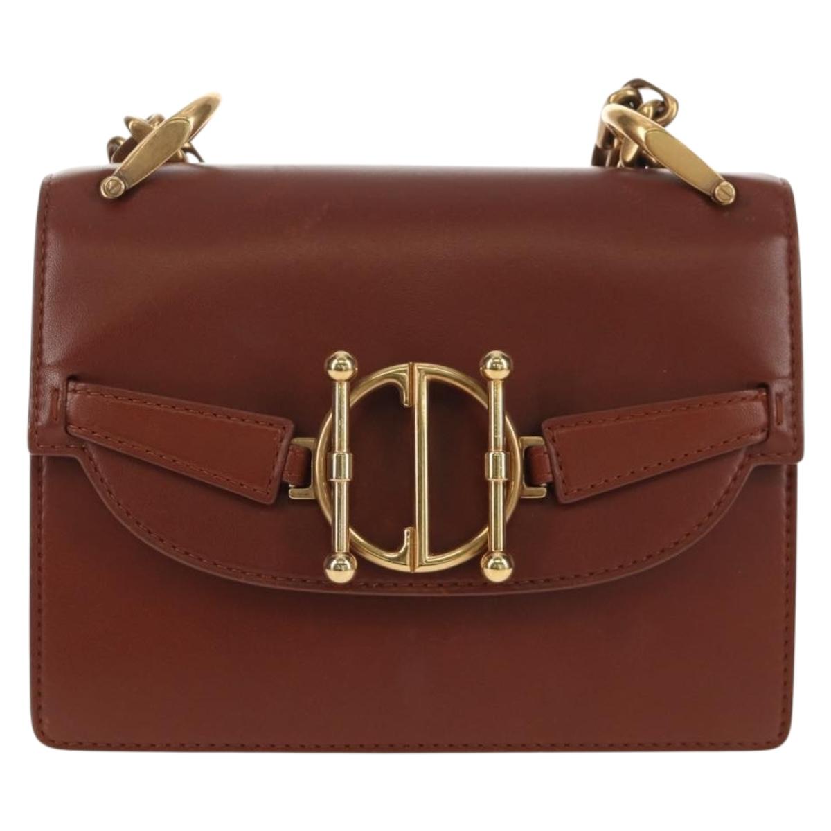 Christian Dior Chain Shoulder Bag Leather Brown Gold Auth 154079V