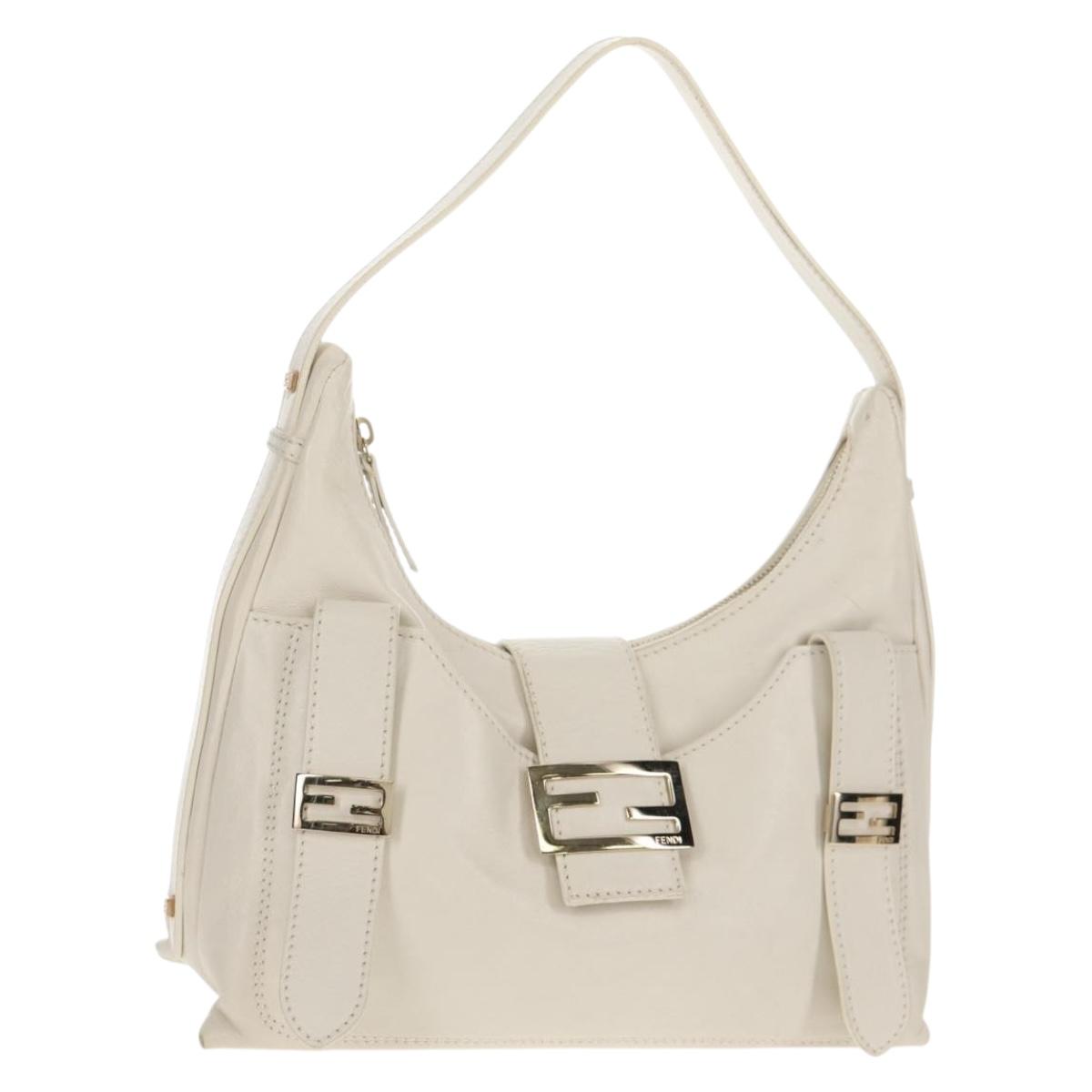FENDI Mamma Baguette Shoulder Bag Leather White Gold Auth 154081M