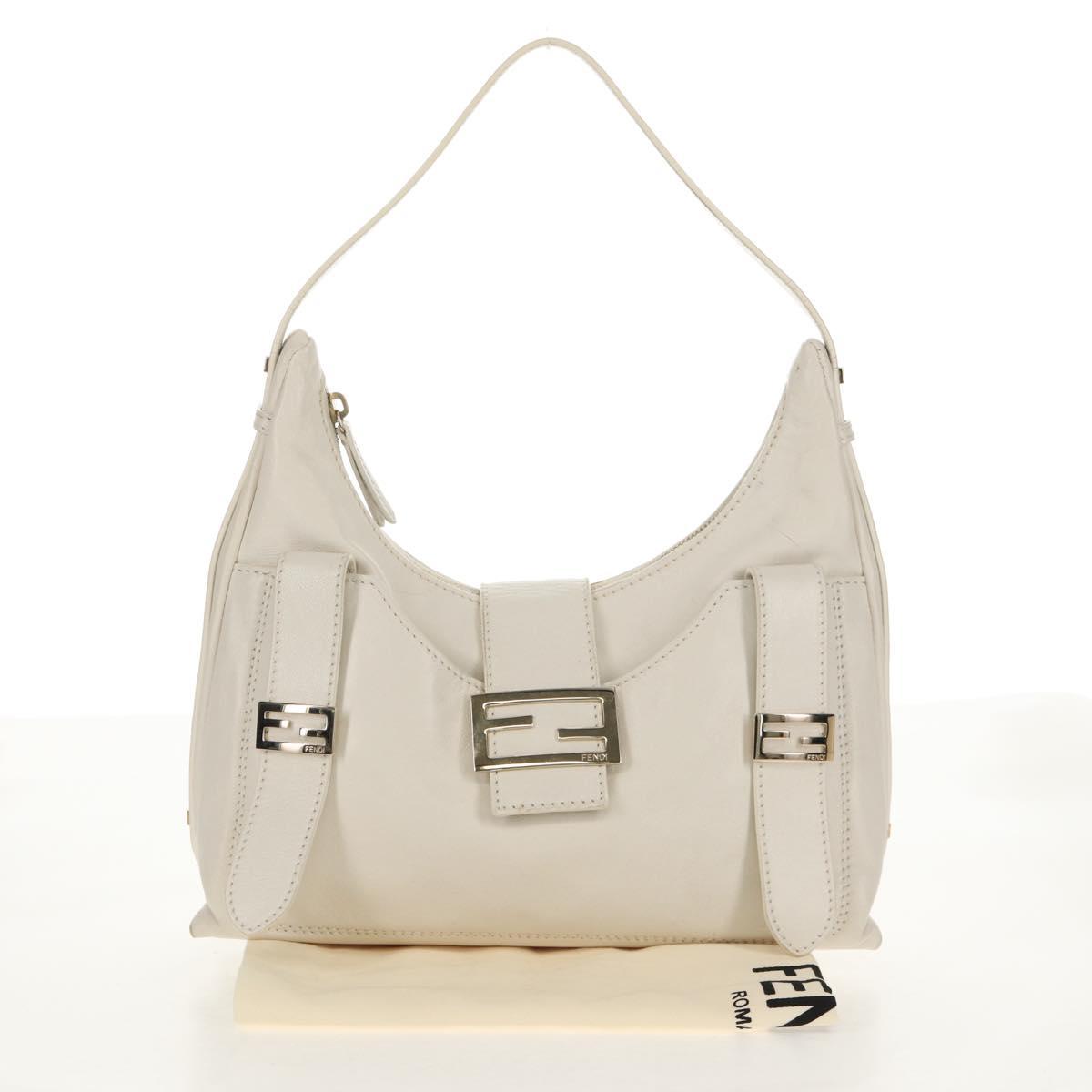 FENDI Mamma Baguette Shoulder Bag Leather White Gold Auth 154081M