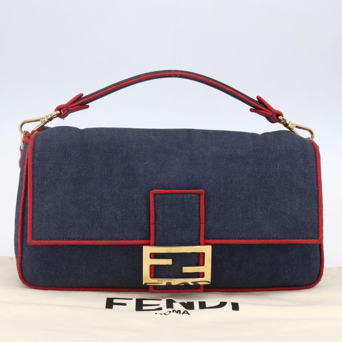 FENDI Mamma Baguette Shoulder Bag Denim 2way Navy Gold Auth 154083M
