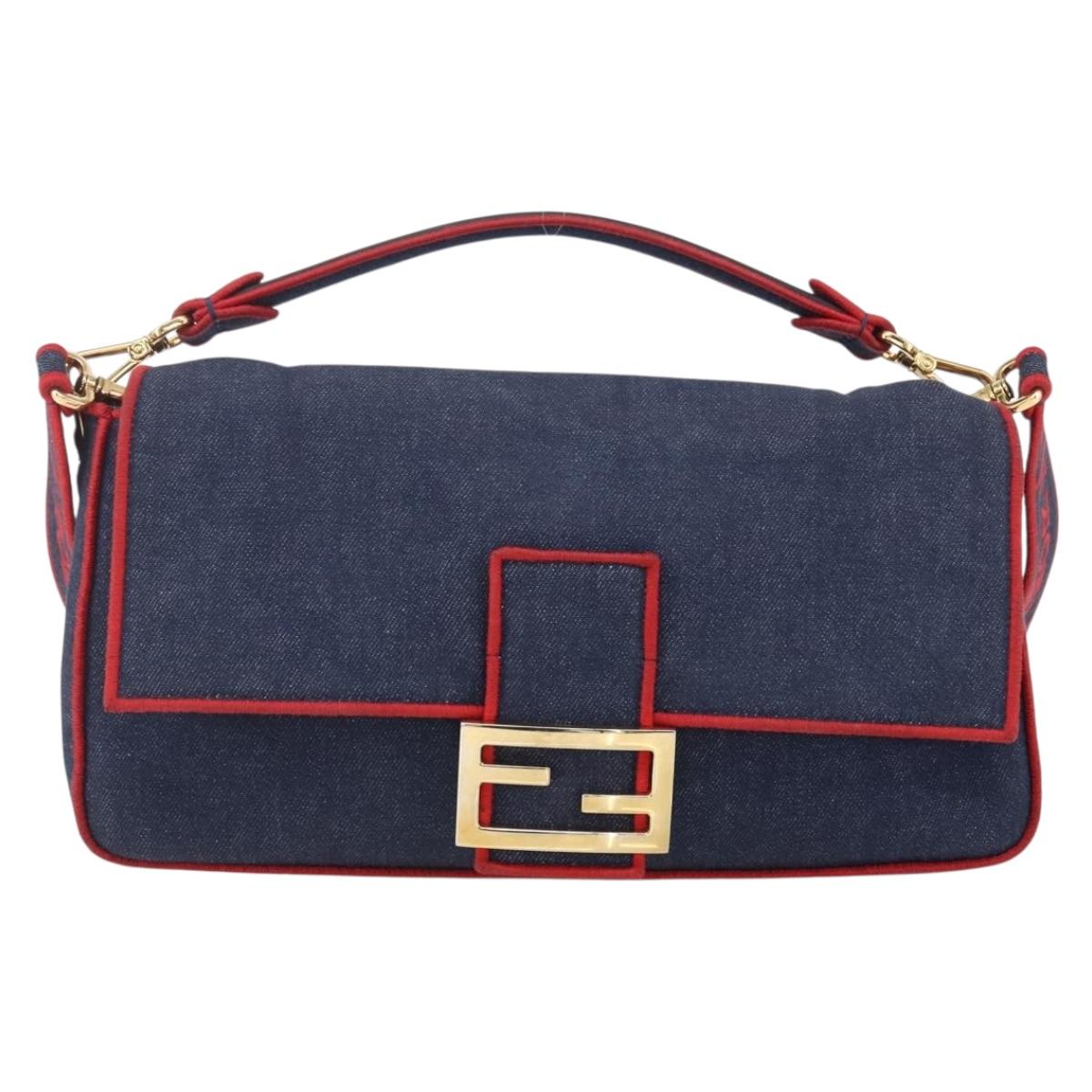 FENDI Mamma Baguette Shoulder Bag Denim 2way Navy Gold Auth 154083M
