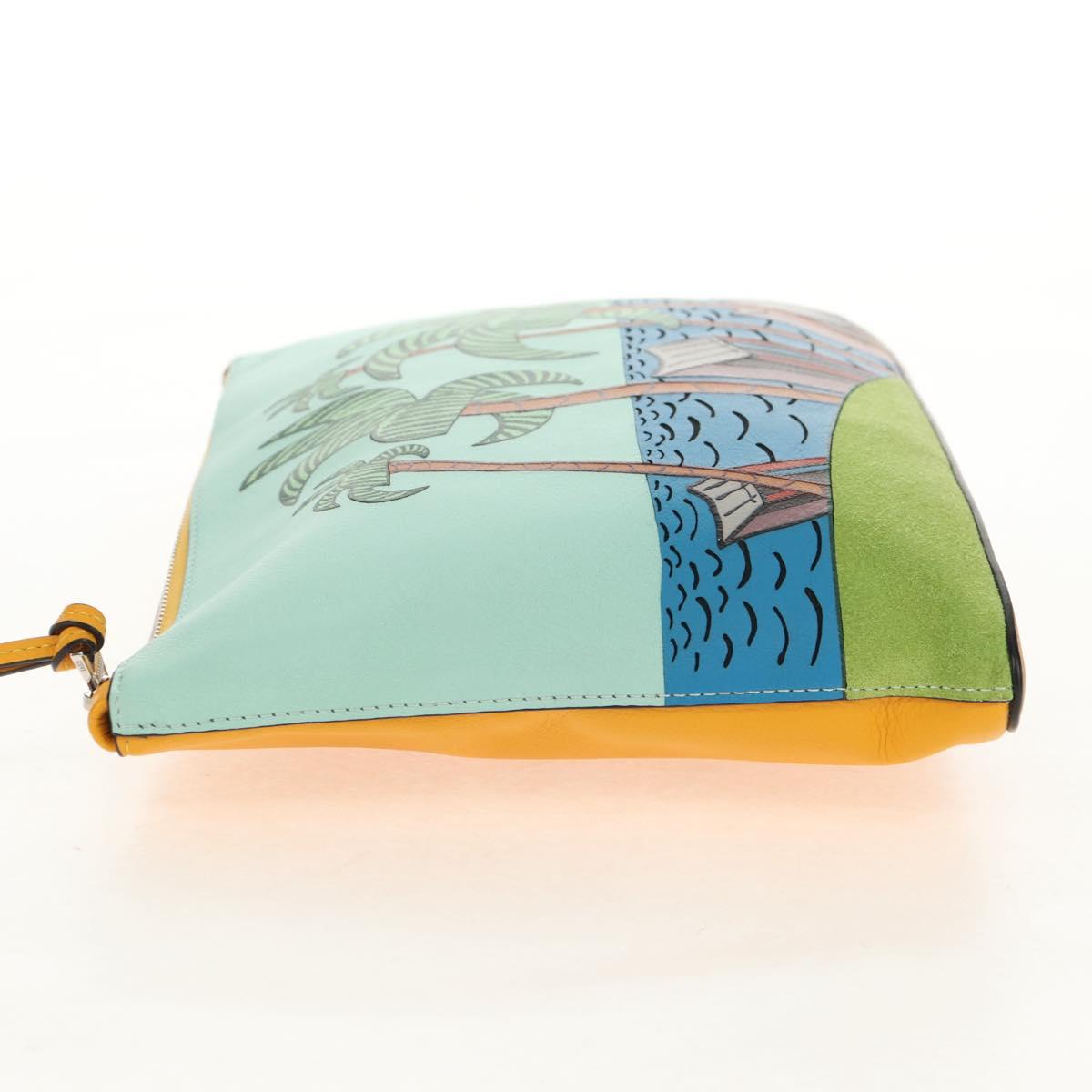 LOEWE Anagram Clutch Bag Leather Light Blue Silver Auth 154086M