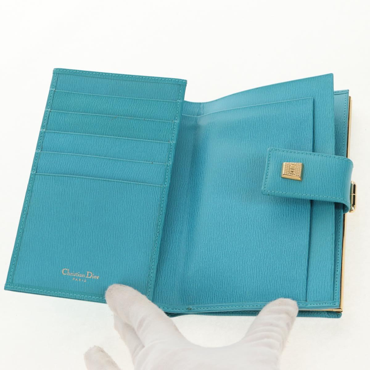 Christian Dior Long Wallet Leather Light Blue Gold Auth 154096V