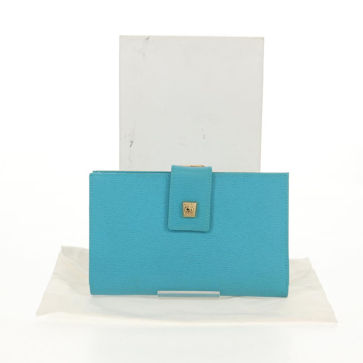 Christian Dior Long Wallet Leather Light Blue Gold Auth 154096V