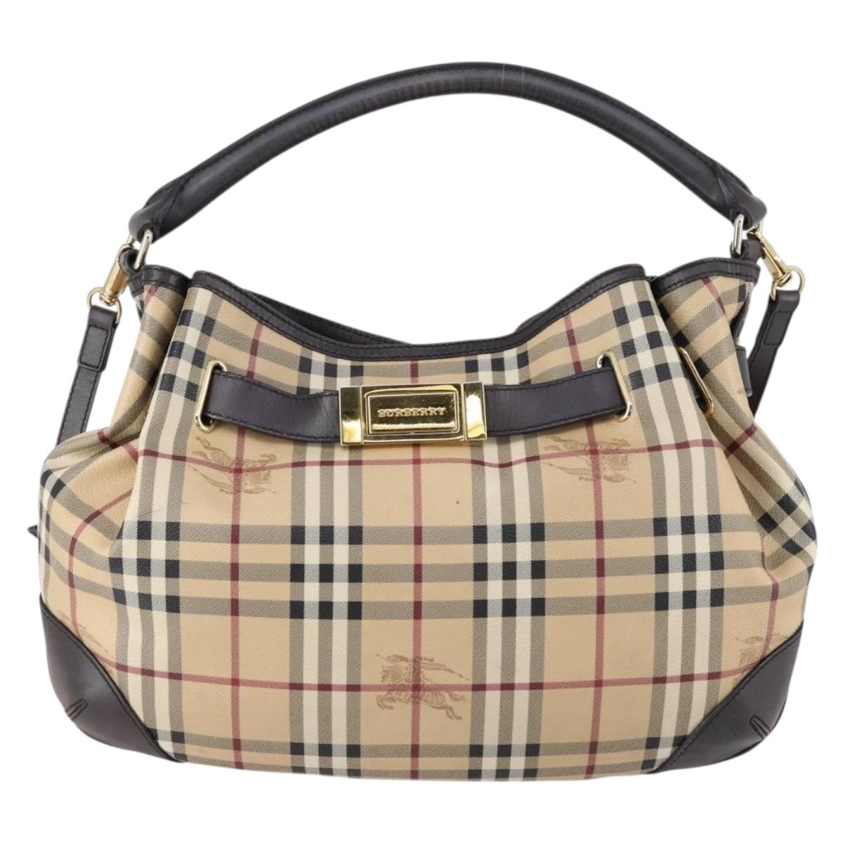 BURBERRY Nova Check Shoulder Bag PVC 2way Beige Gold Auth 154159