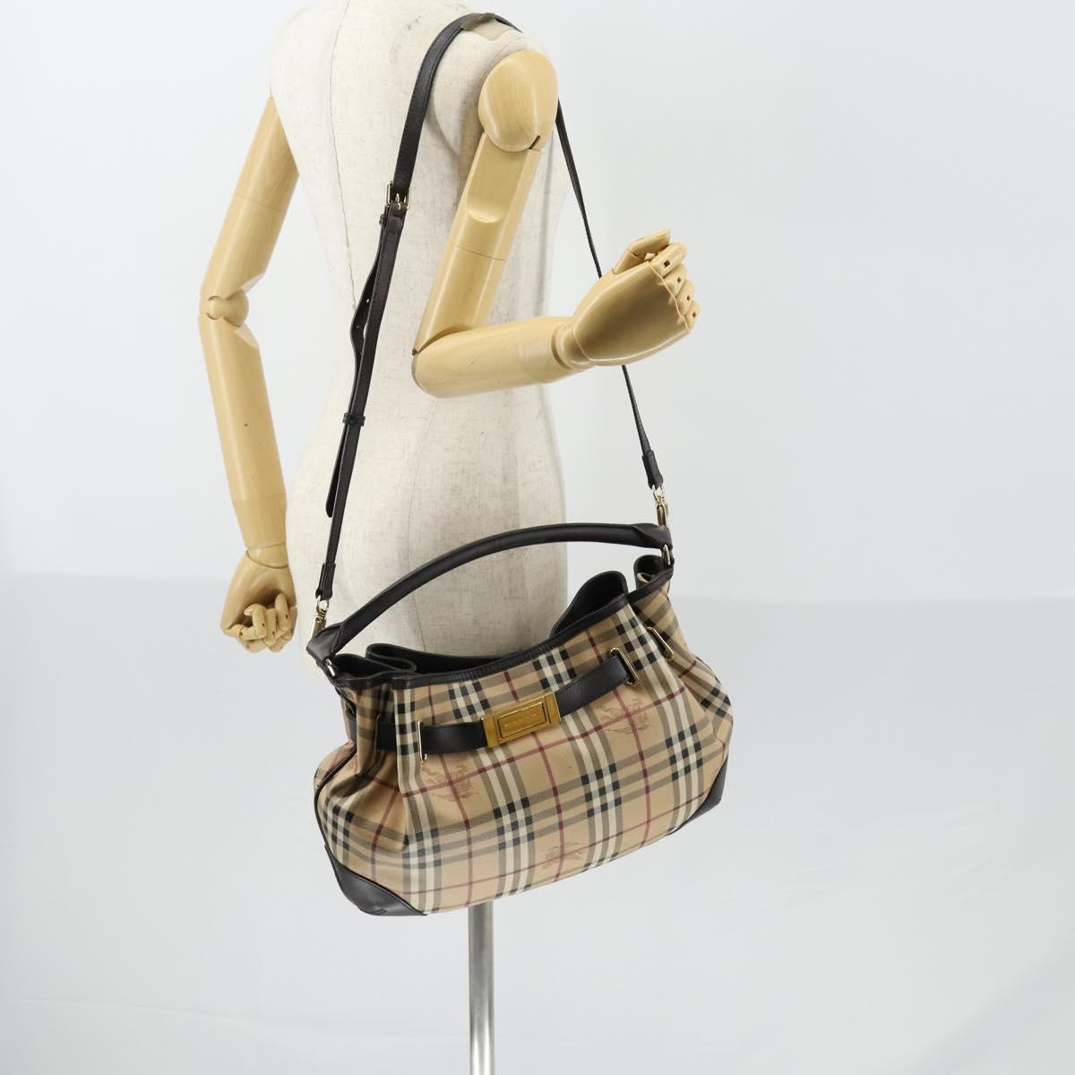 BURBERRY Nova Check Shoulder Bag PVC 2way Beige Gold Auth 154159
