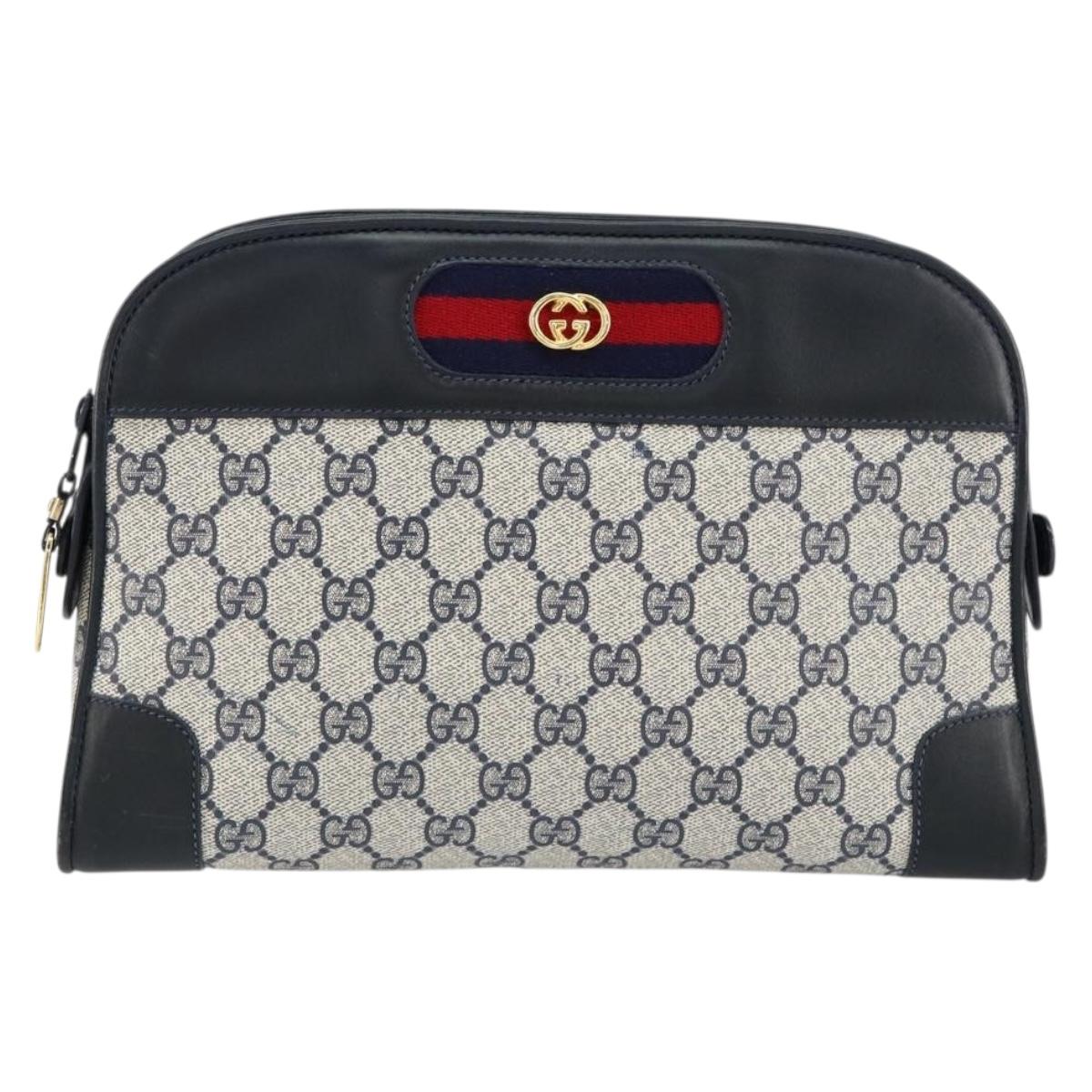 GUCCI GG Supreme Sherry Line Shoulder Bag PVC Navy Gold Auth 154161