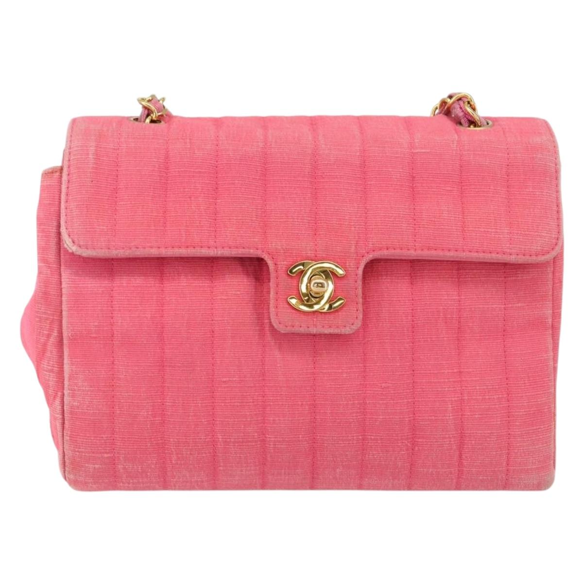 CHANEL Mademoiselle Chain Shoulder Bag Canvas Pink Gold CC Auth 154165
