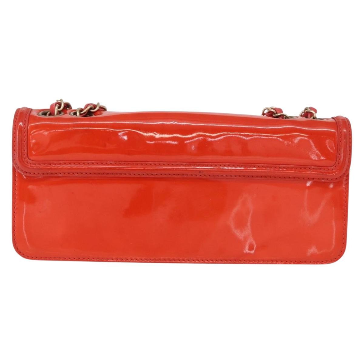 CHANEL Chain Shoulder Bag Patent leather Orange Silver CC Auth 154201
