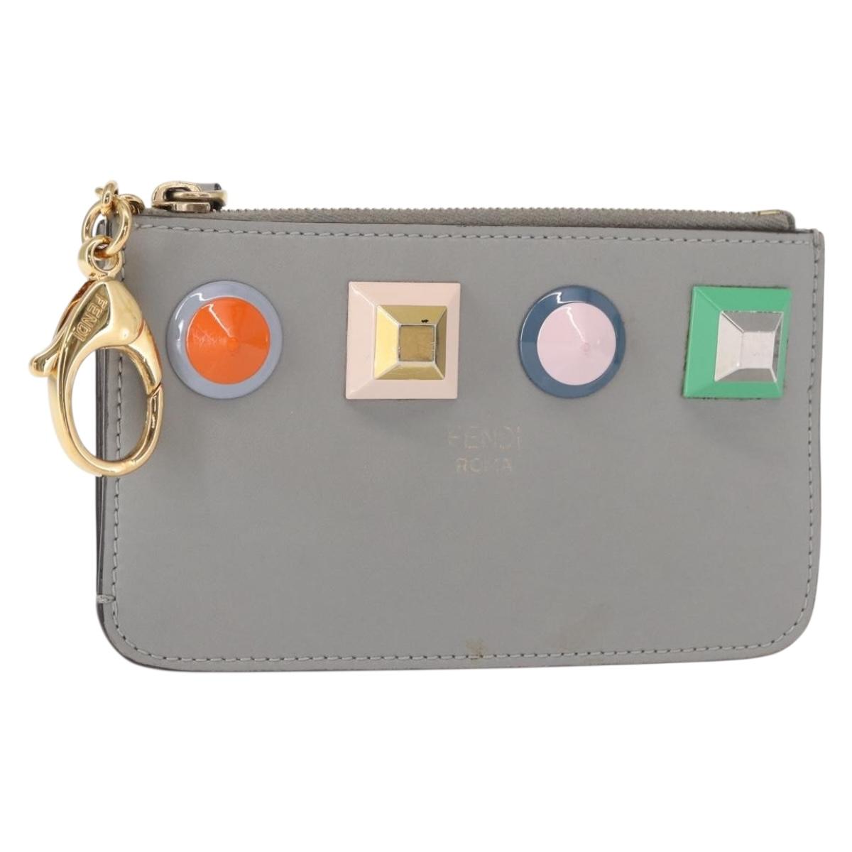 FENDI Coin Purse Leather Gray Gold Auth 154219
