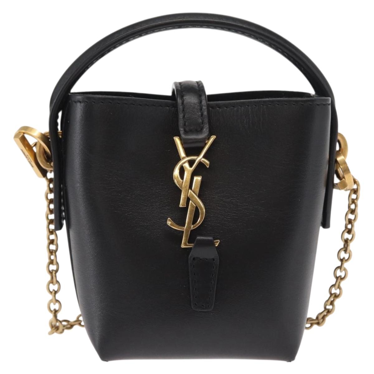 SAINT LAURENT Micro Hand Bag Leather Black Gold Auth 154229SM