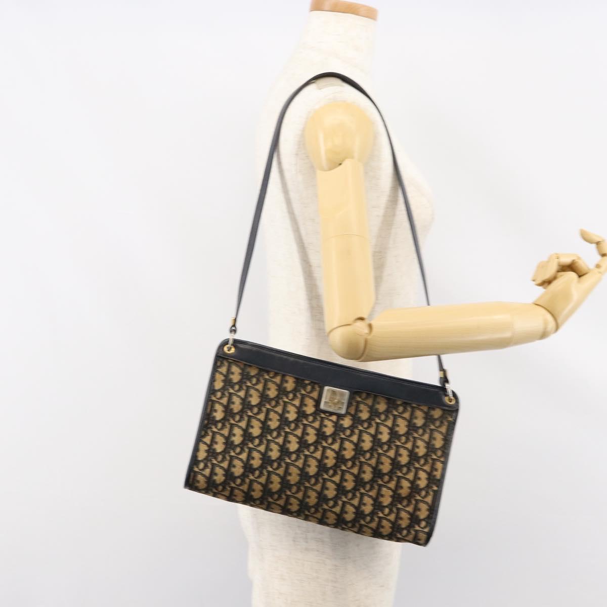 Christian Dior Trotter Canvas Shoulder Bag Navy Gold Auth 154328