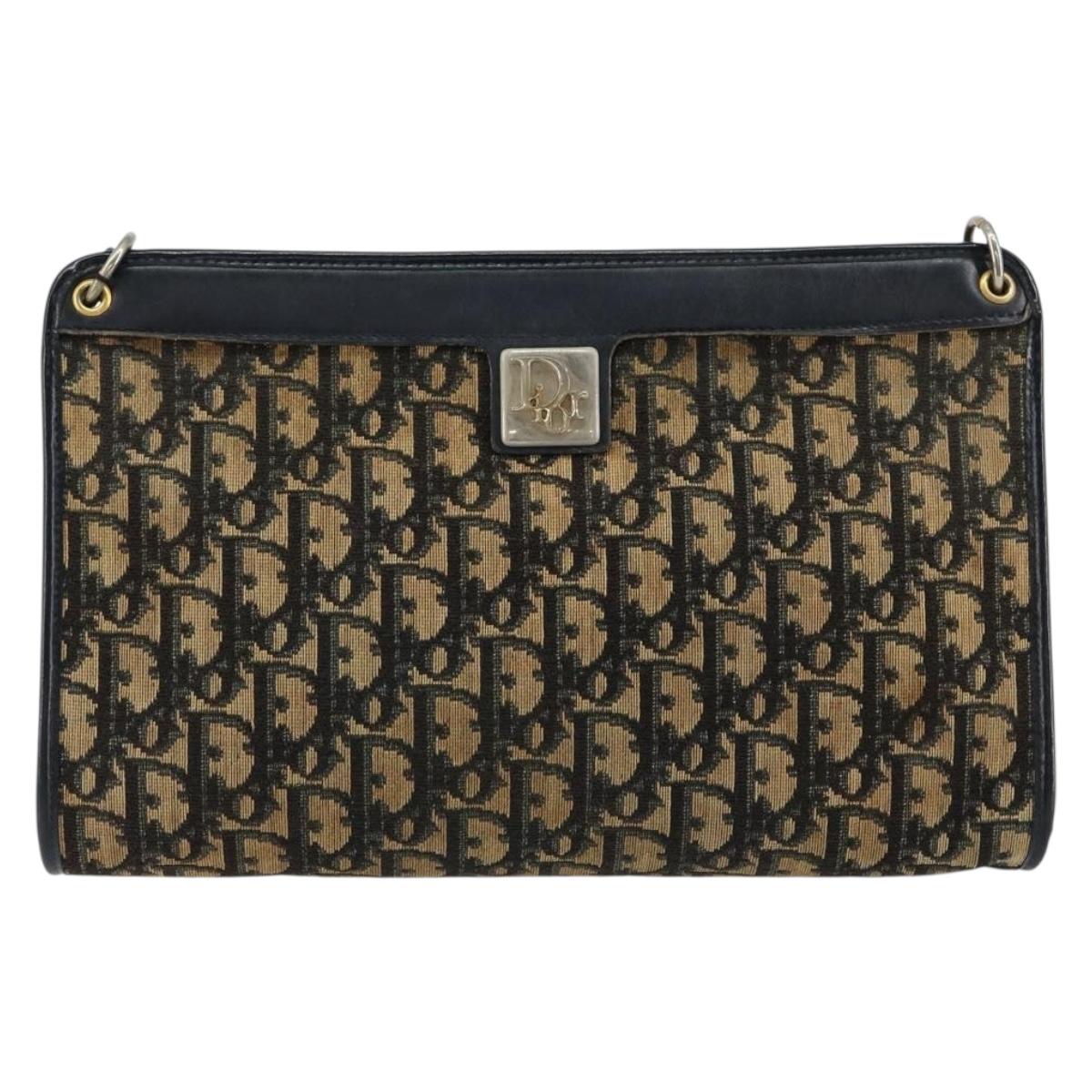 Christian Dior Trotter Canvas Shoulder Bag Navy Gold Auth 154328