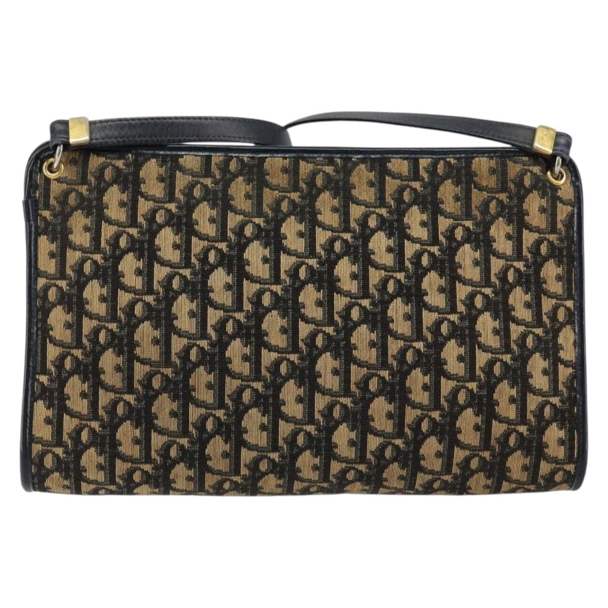 Christian Dior Trotter Canvas Shoulder Bag Navy Gold Auth 154328