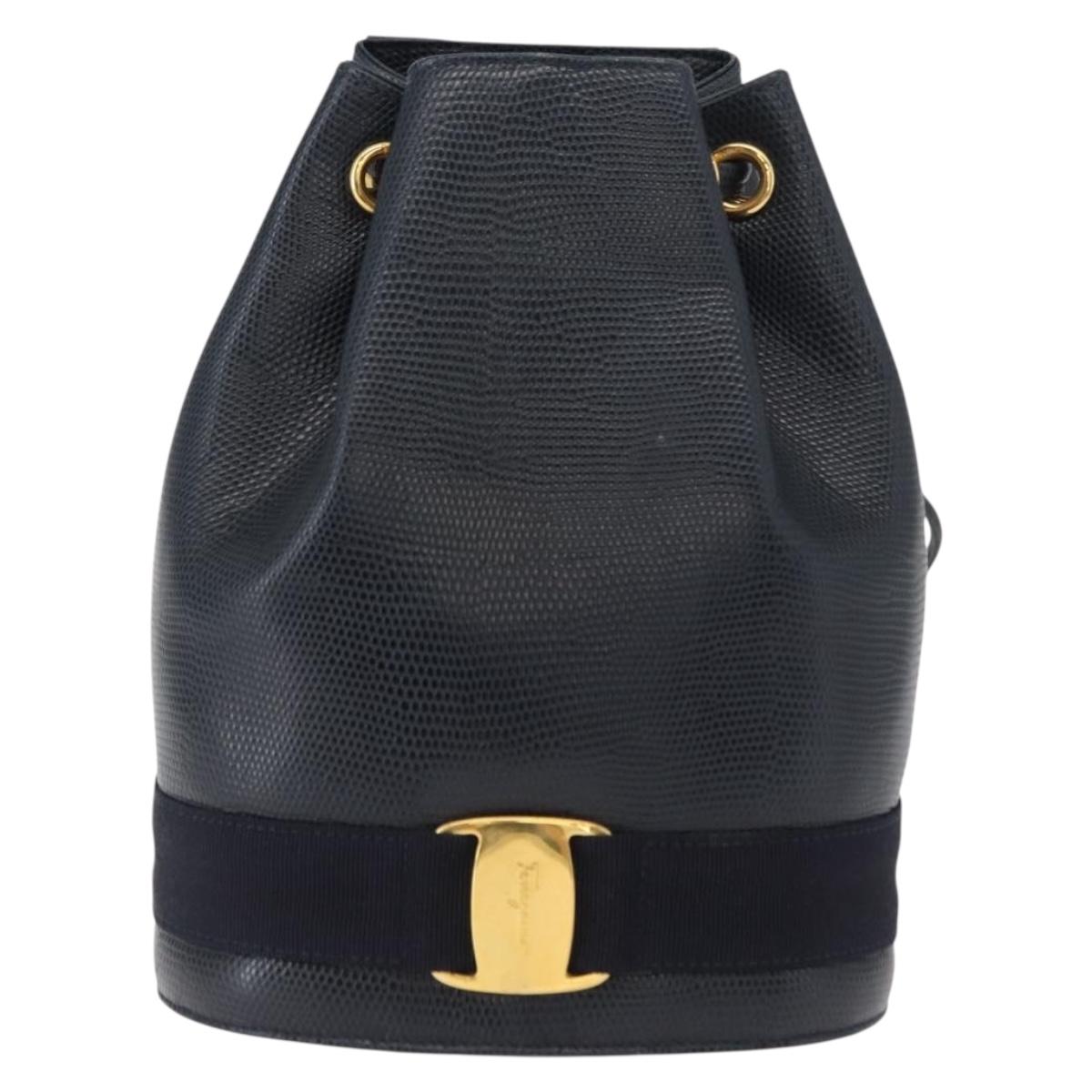 Salvatore Ferragamo Vala Backpack Leather Navy Gold Auth 154339