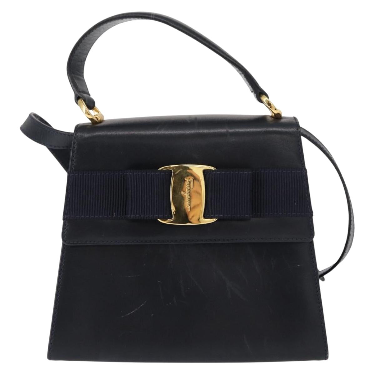 Salvatore Ferragamo Vala Hand Bag Leather 2way Navy Gold Auth 154340