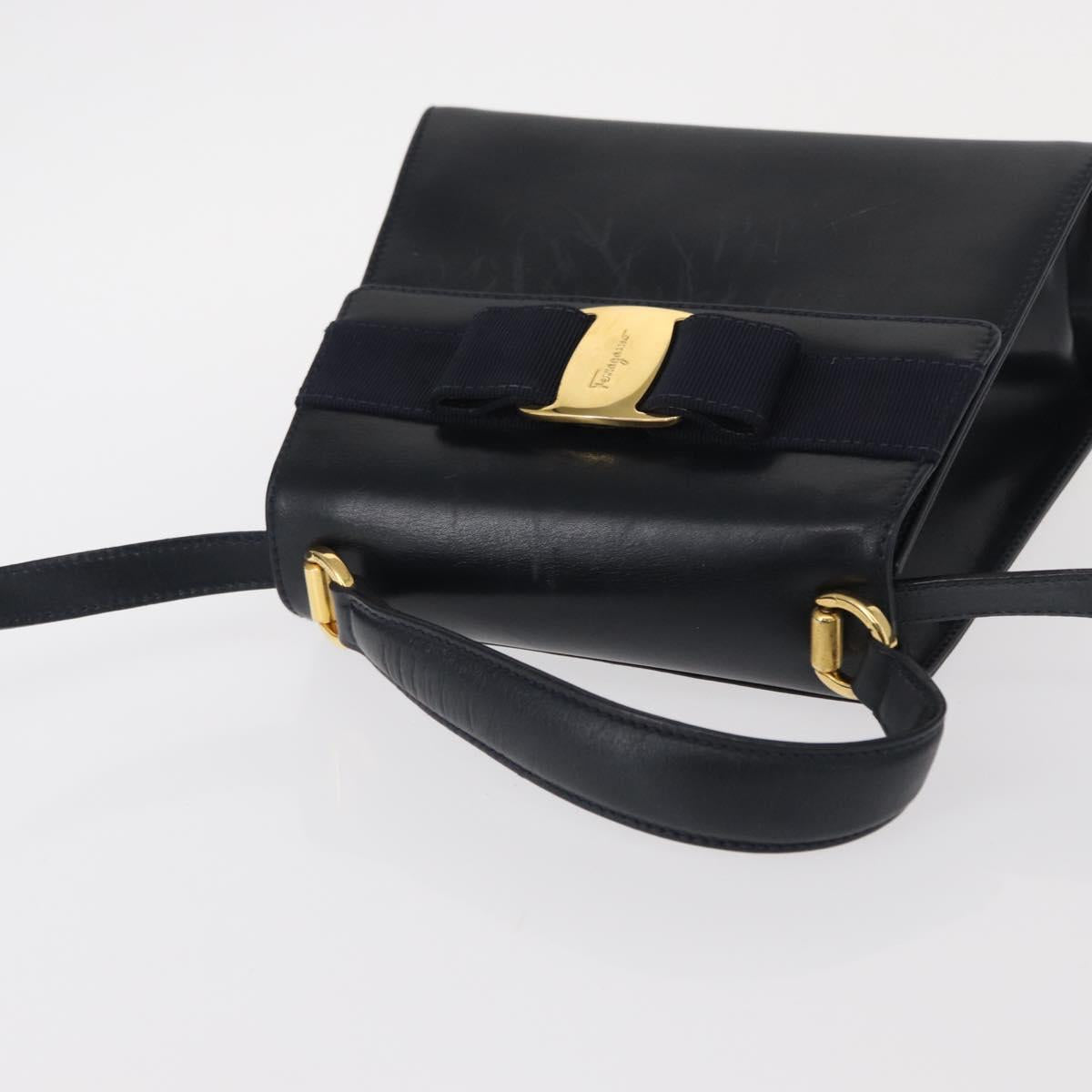 Salvatore Ferragamo Vala Hand Bag Leather 2way Navy Gold Auth 154340