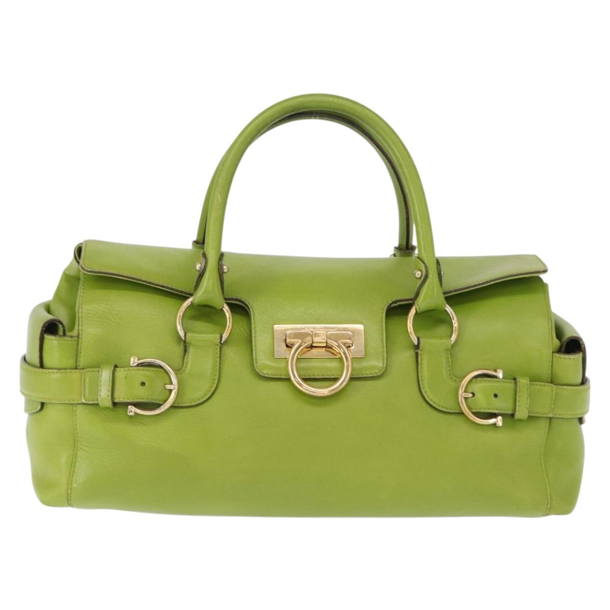 Salvatore Ferragamo Gancini Hand Bag Leather Green Gold Auth 154371