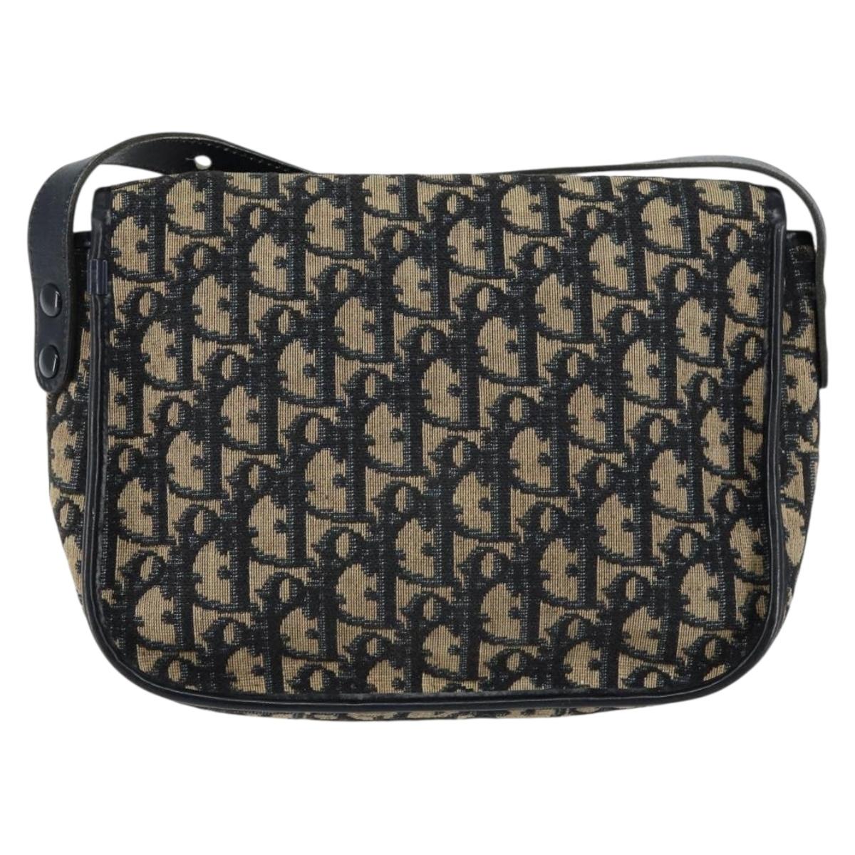 Christian Dior Trotter Canvas Shoulder Bag Navy Gold Auth 154375