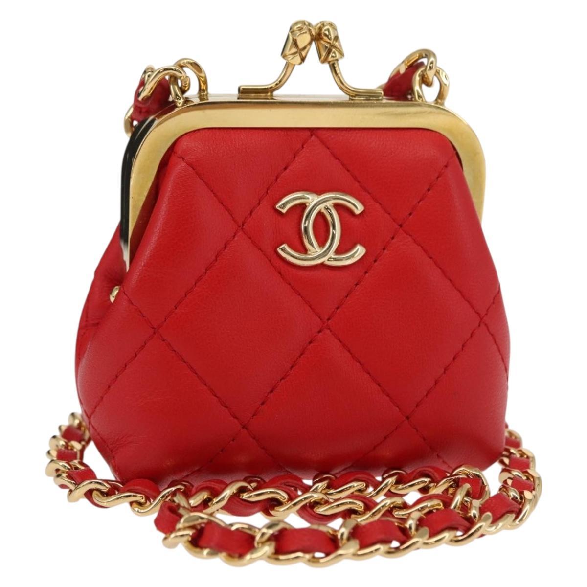 CHANEL Matelasse Chain Shoulder Pouch Bag Lamb Skin Red Gold CC Auth 154389SAM