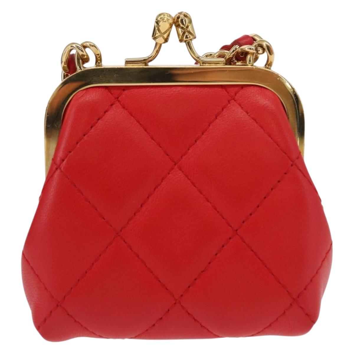 CHANEL Matelasse Chain Shoulder Pouch Bag Lamb Skin Red Gold CC Auth 154389SAM