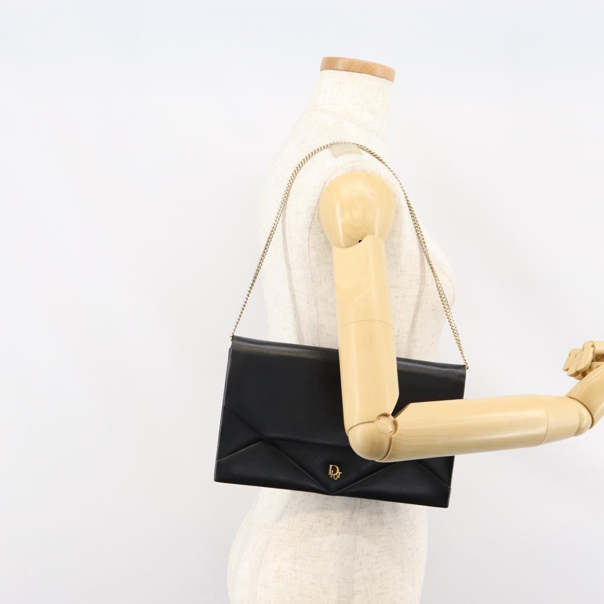Christian Dior Shoulder Bag Leather Black gold Auth 154416