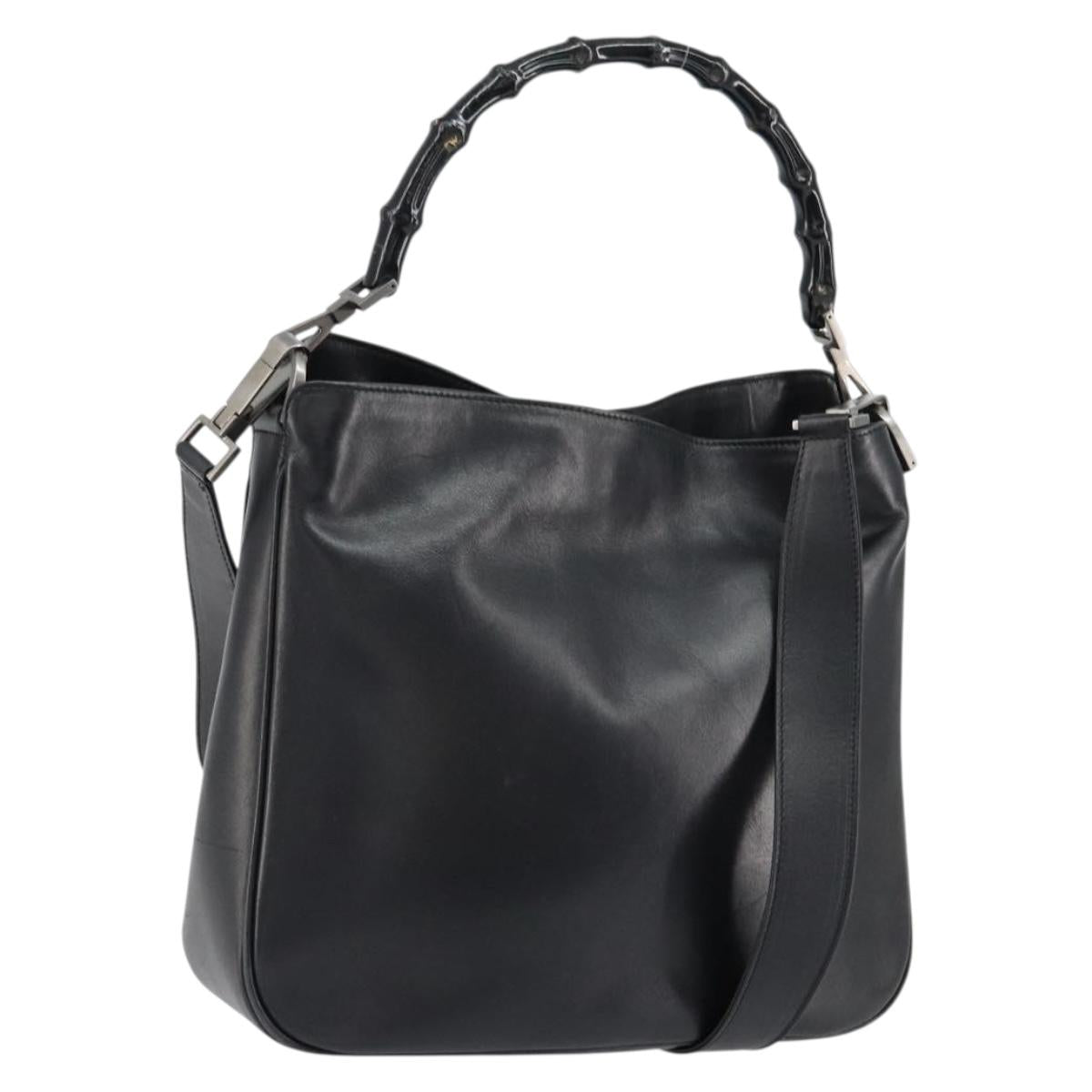 GUCCI Bamboo Shoulder Bag Leather 2way Black Silver 001 1638 Auth 154451