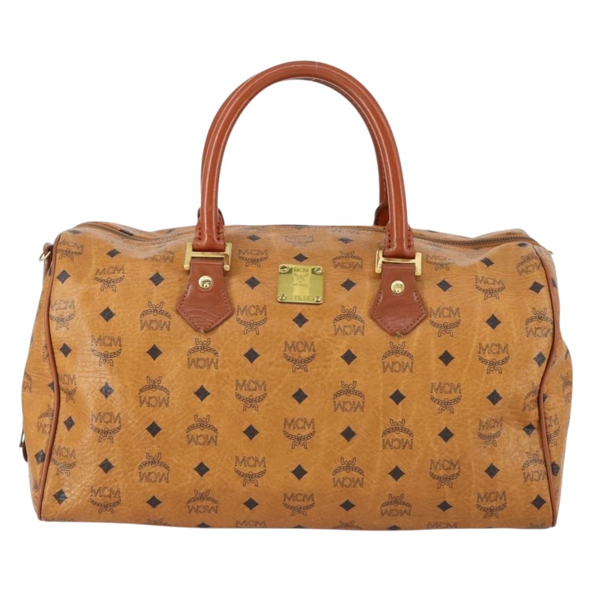 MCM Logogram Vicetos Boston Bag PVC Leather Brown Gold Auth 154457