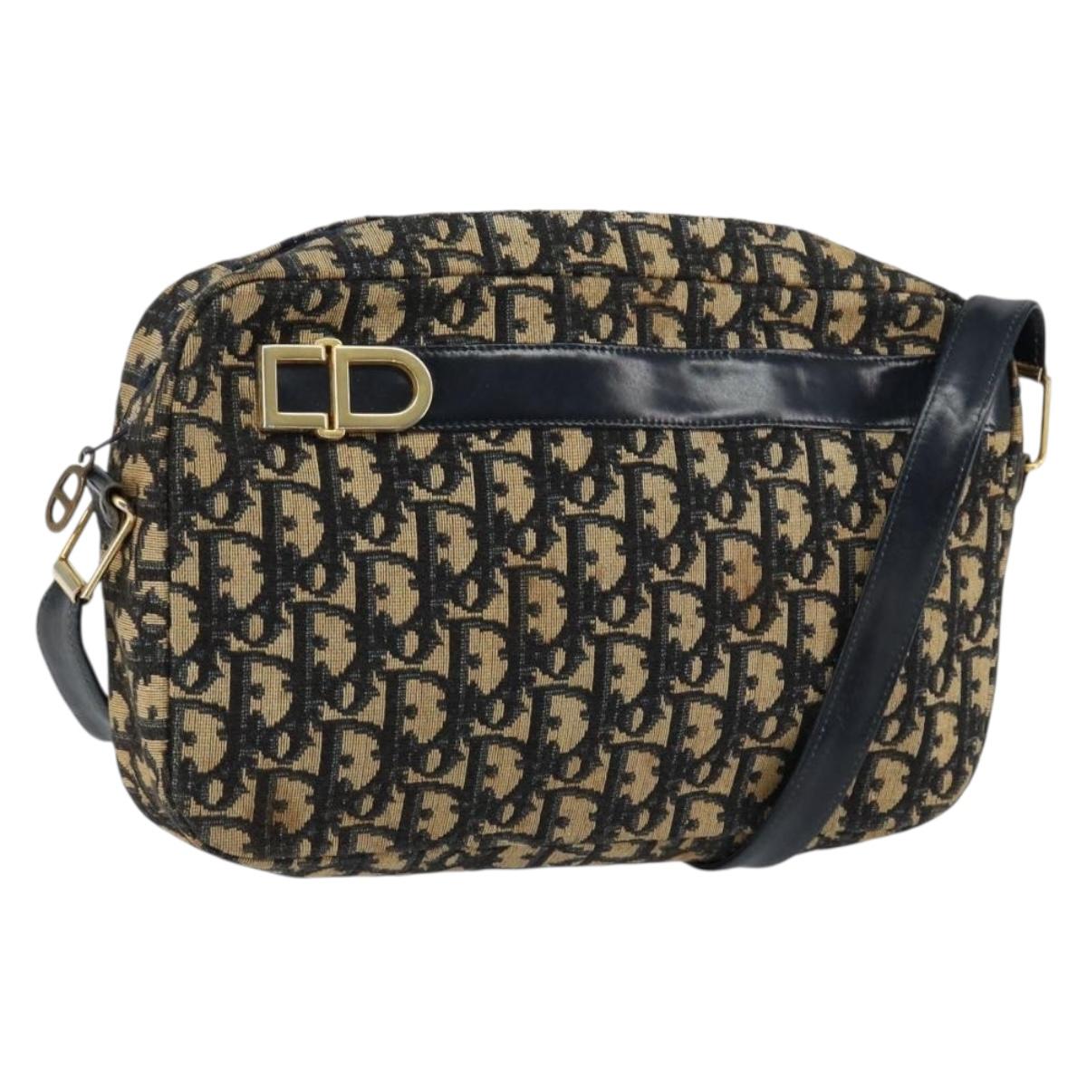 Christian Dior Trotter Canvas Shoulder Bag Navy Gold Auth 154463