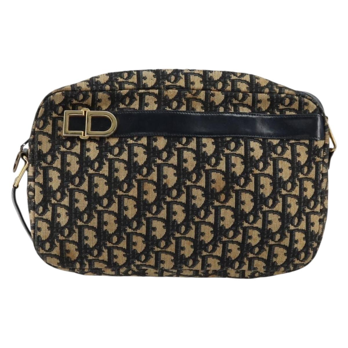 Christian Dior Trotter Canvas Shoulder Bag Navy Gold Auth 154463