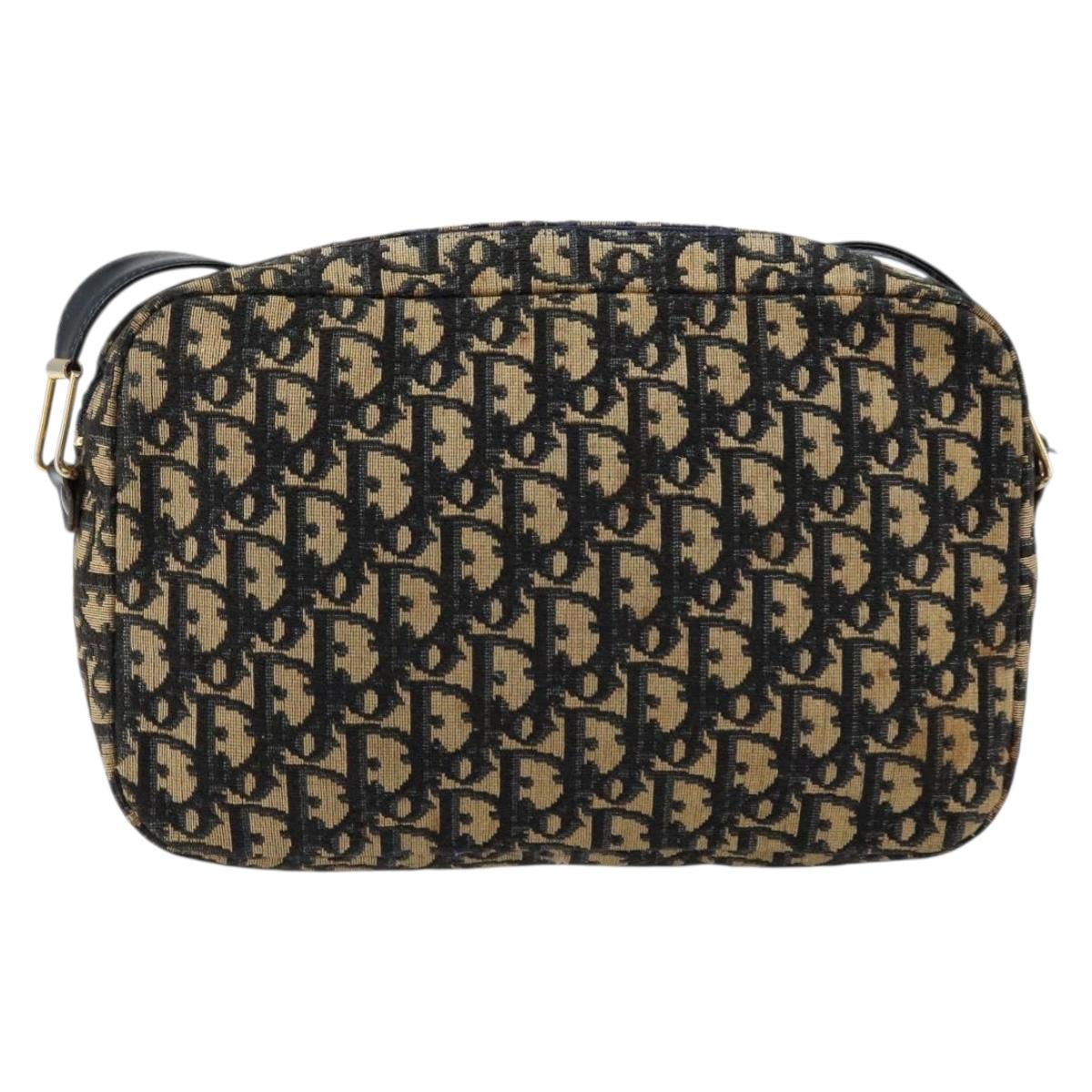 Christian Dior Trotter Canvas Shoulder Bag Navy Gold Auth 154463