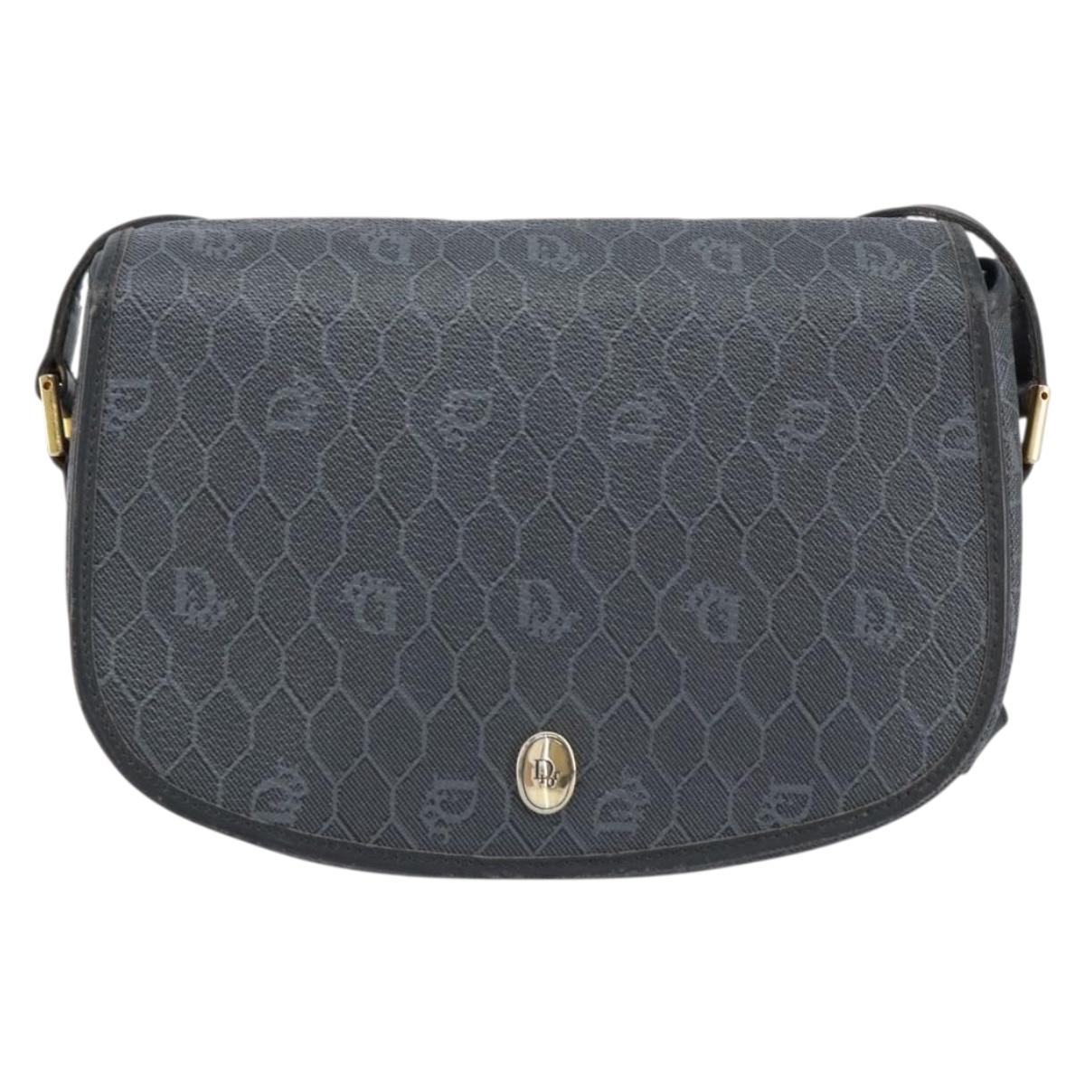 Christian Dior Honeycomb Canvas Shoulder Bag PVC Black Gold Auth 154465