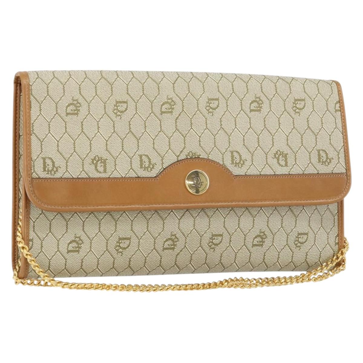 Christian Dior Honeycomb Canvas Chain Shoulder Bag PVC Beige Gold Auth 154467