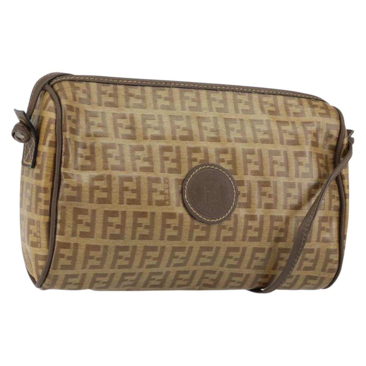 FENDI Zucchino Canvas Shoulder Bag PVC Beige Brown Auth 154469