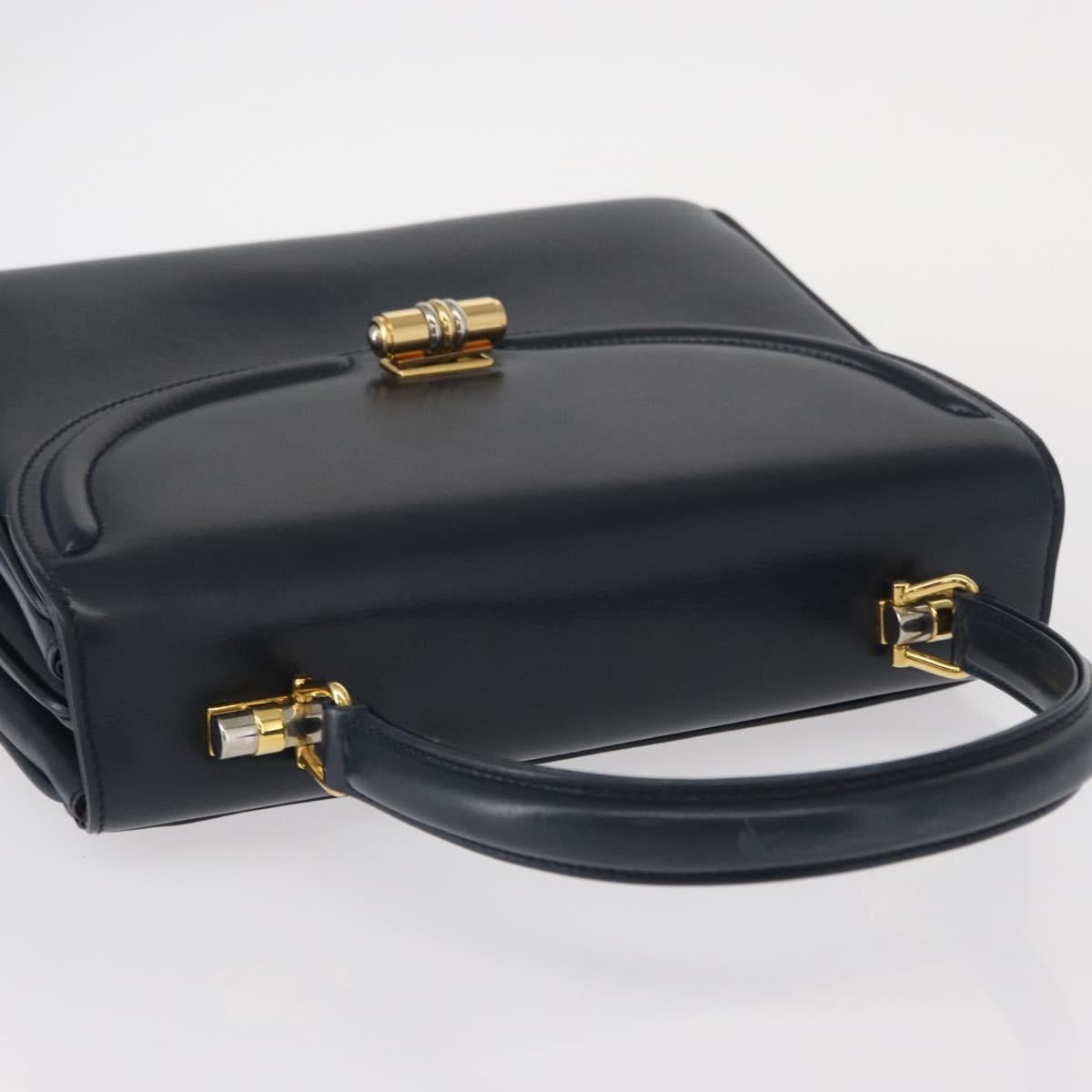 GUCCI Hand Bag Leather Navy Gold Auth 154472