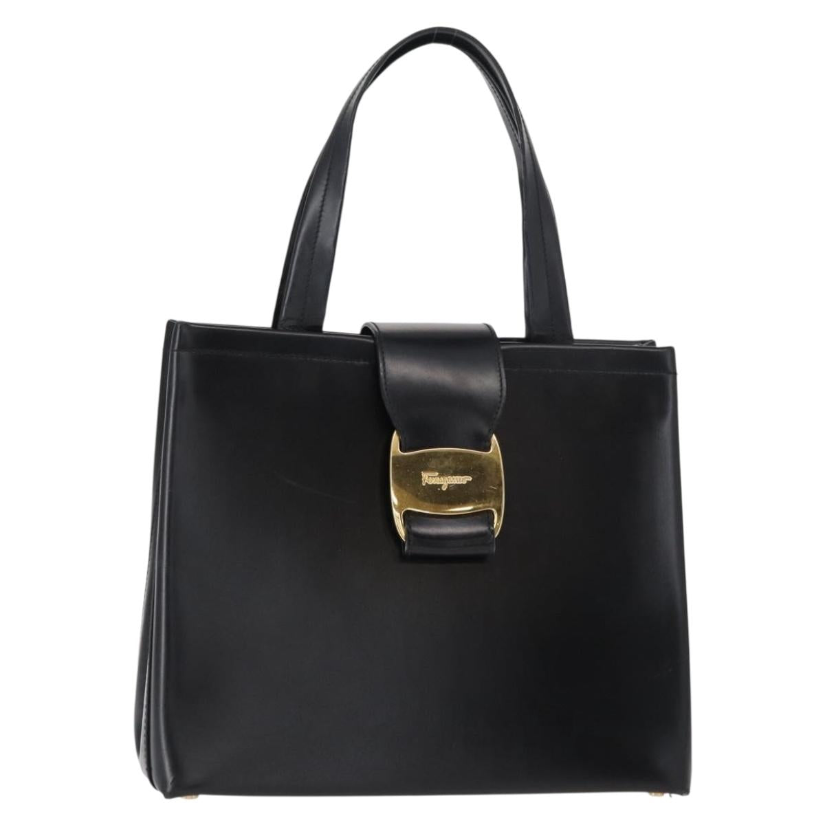 Salvatore Ferragamo Gancini Hand Bag Leather Black Gold Auth 154475