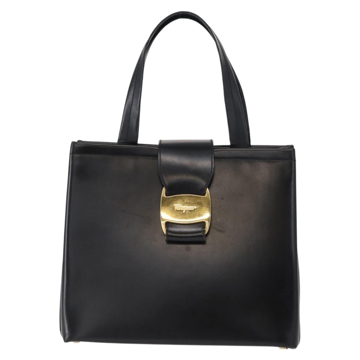 Salvatore Ferragamo Gancini Hand Bag Leather Black Gold Auth 154475