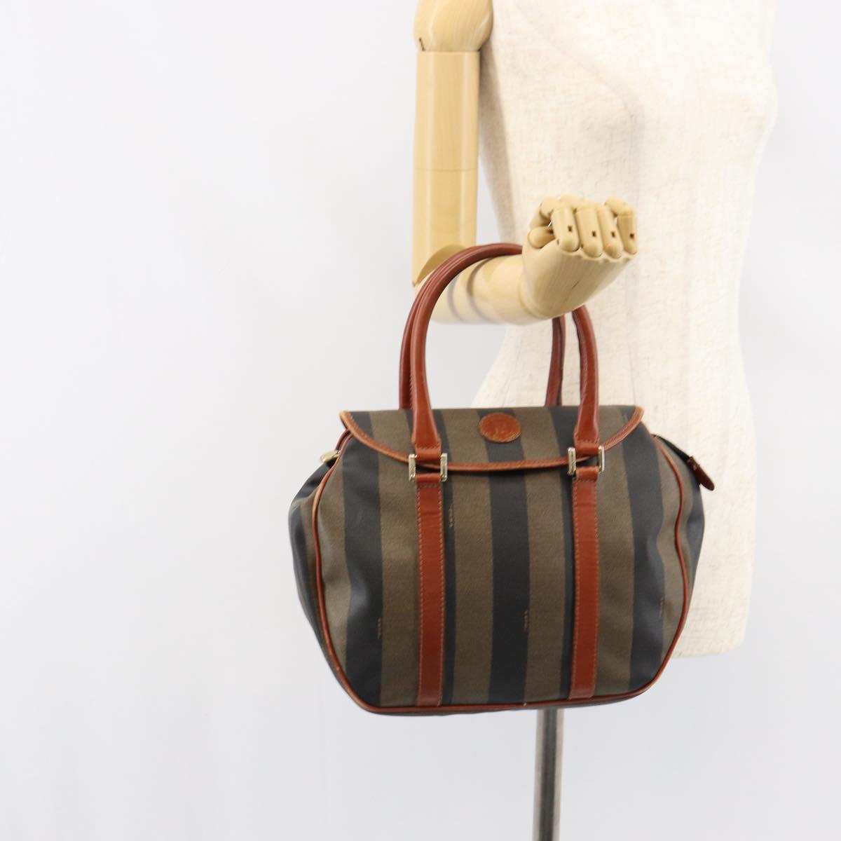 FENDI Pecan Canvas Hand Bag PVC Black Brown Auth 154500