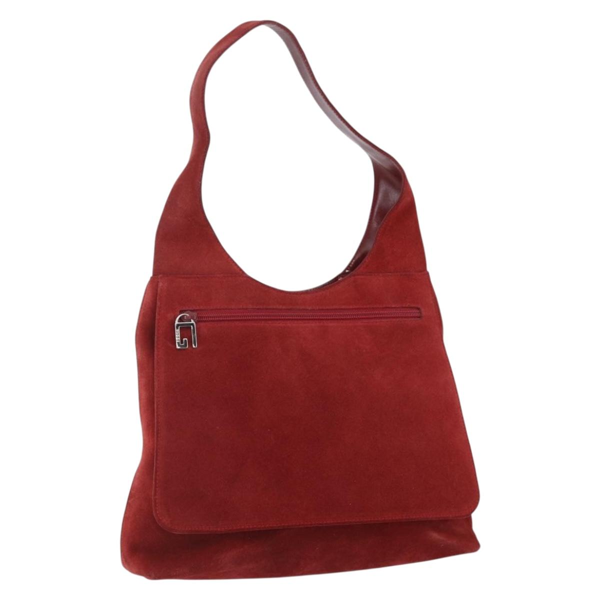 GUCCI Shoulder Bag Suede Red Silver Auth 154502