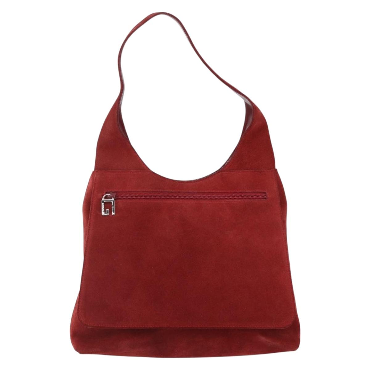 GUCCI Shoulder Bag Suede Red Silver Auth 154502