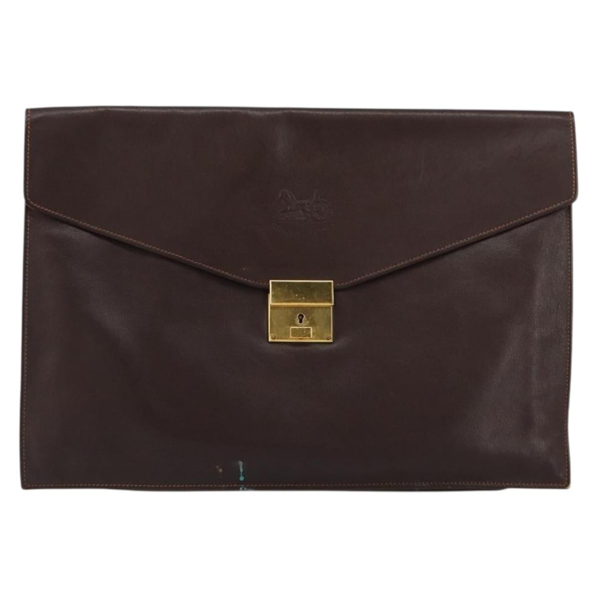 CELINE Clutch Bag Leather Brown Gold Auth 154509