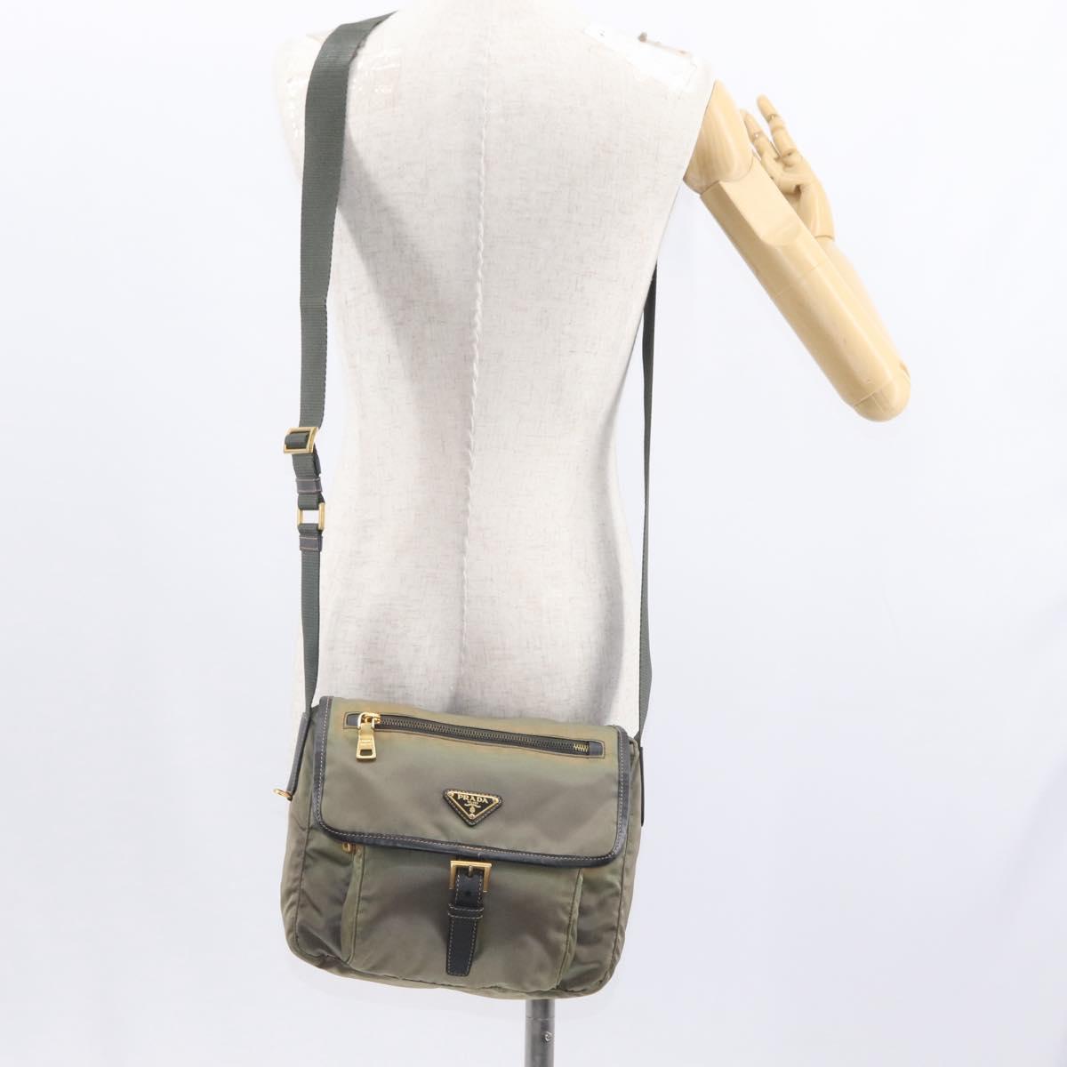 PRADA Shoulder Bag Nylon Khaki Gold Auth 154525